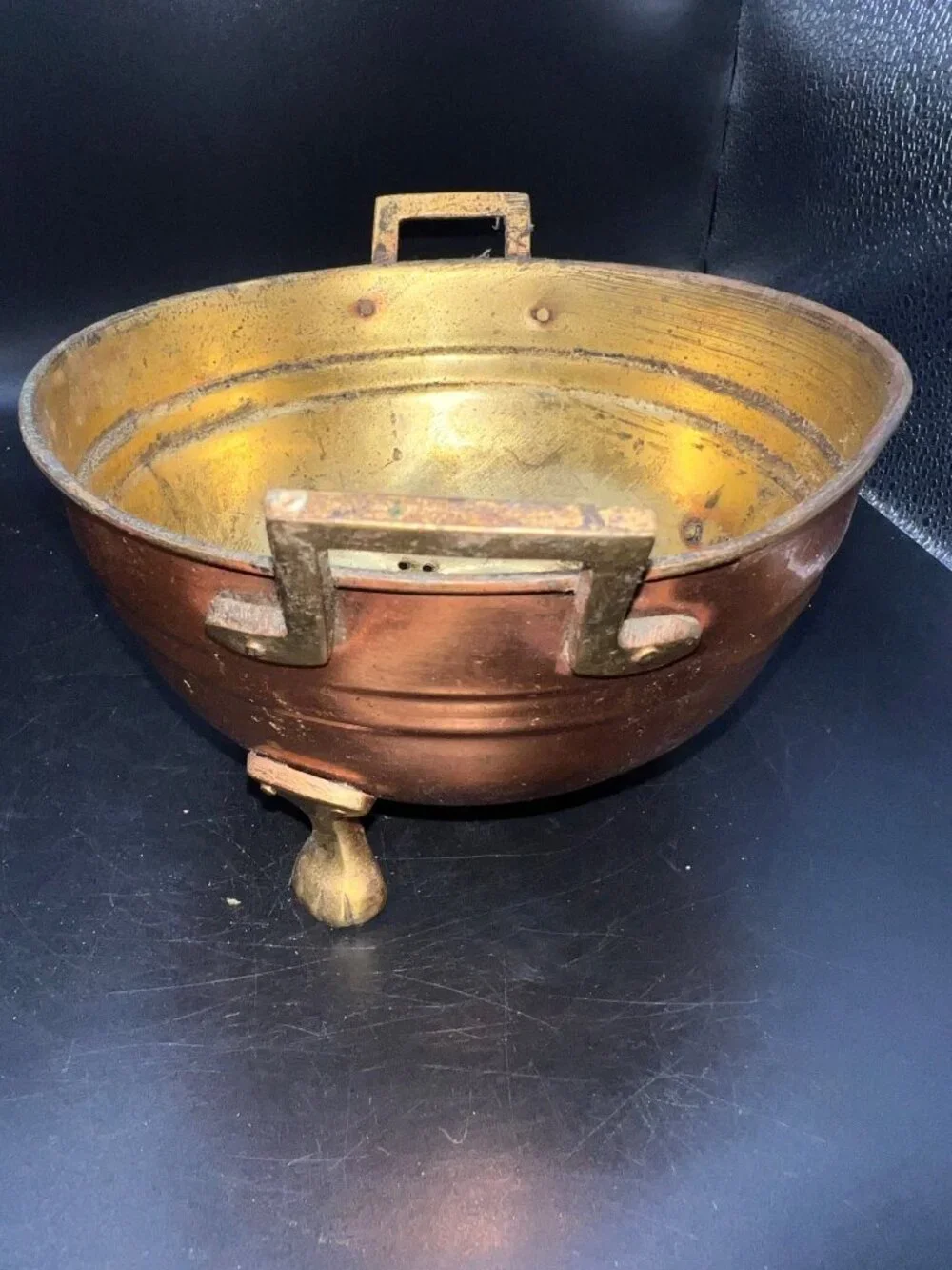 Vintage Copper & Brass Colander Bowl Handles Three Feet Rustic Perforated Patina